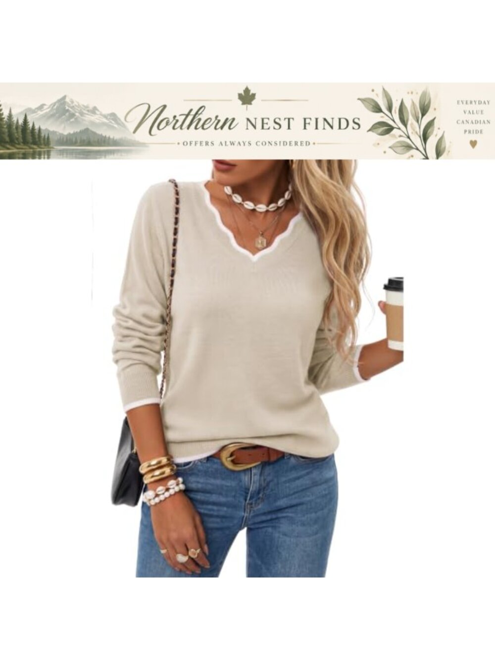 Women's V Neck Sweater Pullover 100% Cotton Long Sleeve Knit Top